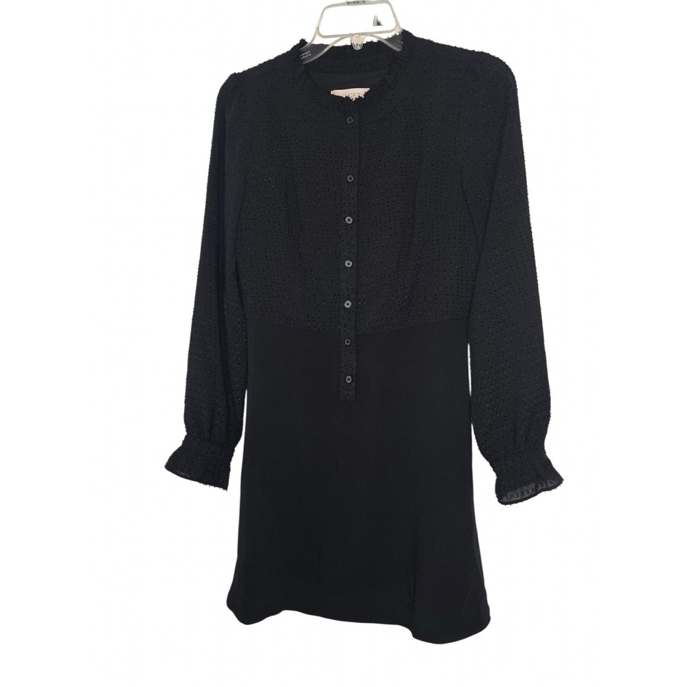 Loft Dress Size 0 Black Clip Dot Ruffle Neck Long Sleeve Mini Mixed Media